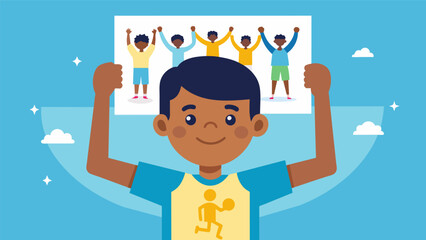 A young boy proudly holds up a poster featuring influential African American athletes reflecting on their achievements and inspiring him to pursue his. Vector illustration