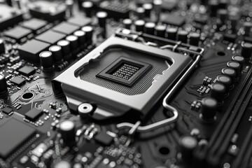 A close up of a computer's central processing unit. The image is in black and white and the focus is on the CPU