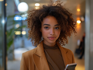 Portrait of a young woman in a business setting holding a cell phone