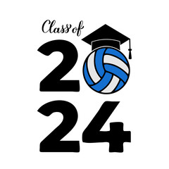 Class of 2024 lettering with graduation hat and volleyball ball. Congratulations to graduates typography poster.  Vector template for greeting card, banner, sticker, shirt, etc.