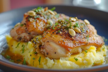 Delicious grilled chicken thighs served on creamy mashed potatoes - obrazy, fototapety, plakaty