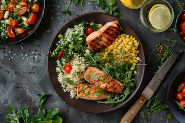 Delicious dish with salmon, rice, corn, and veggies on table