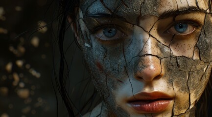 Close-up of a woman with a cracked mud mask on her face