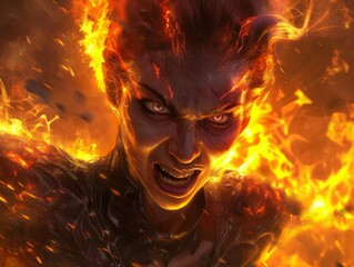 Fierce female warrior engulfed in flames