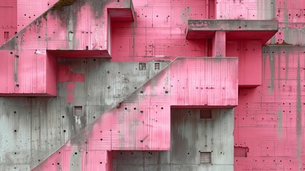 abstract view of pink balconies on brutalist concrete architecture

