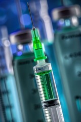 Syringe with green liquid on a blurred laboratory background