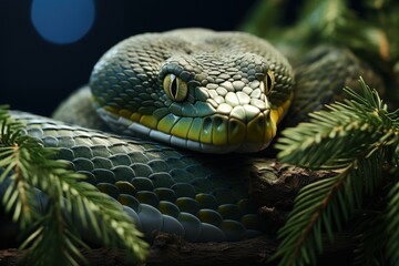 Fototapeta premium The head of a green snake peeks out from behind the pine branches. Its eyes are yellow and black and its scales are textured. The background is black. Symbol of 2025.