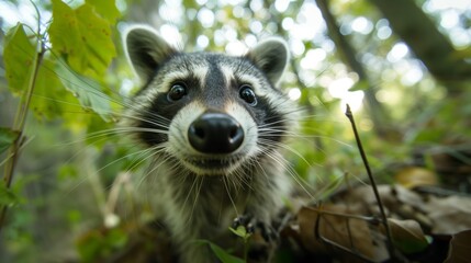wild dancing raccoon fish eye meme amongst forest leaves and soft focus