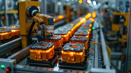Fototapeta premium Efficiency in Motion: Close-up of Electric Vehicle Battery Assembly Line