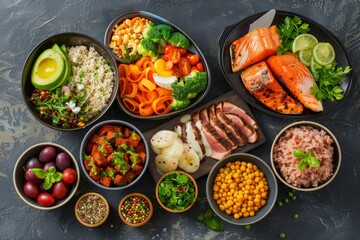 Various types of food, ingredients, and dishes are on the table