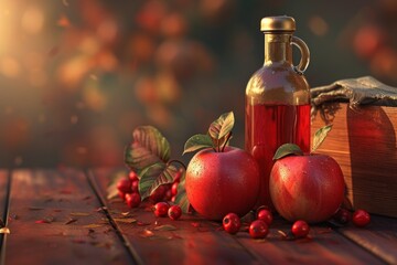Autumn harvest of apples with fresh juice on a rustic wooden table