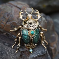 Intricate steampunk beetle sculpture with gemstone details