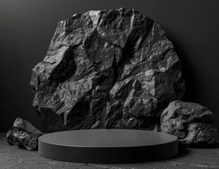 Large boulder displayed on a minimalist platform in a dark setting