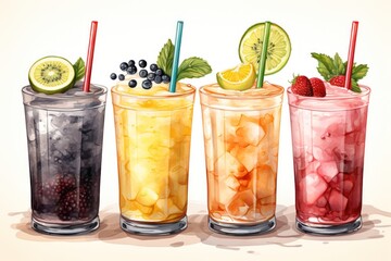 Watercolor drawing of four glasses with colorful fruit drinks. All drinks contain ice and come with drinking straws.
