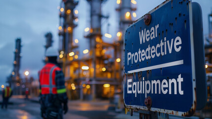 A safety sign emphasizing the importance of protective gear stands out at an industrial plant during blue hour. - obrazy, fototapety, plakaty