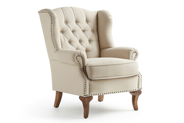 Classic wingback accent chair with nailhead trim and wooden legs isolated on solid white background.