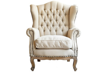 Classic wingback accent chair with nailhead trim and wooden legs isolated on solid white background.