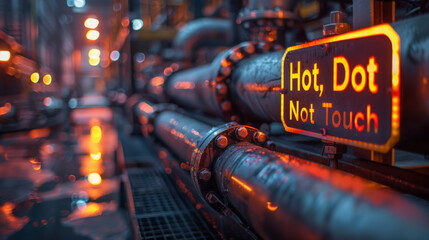 A vivid 'Hot, Do Not Touch' safety warning sign on pipe work in an industrial setting with atmospheric lighting.