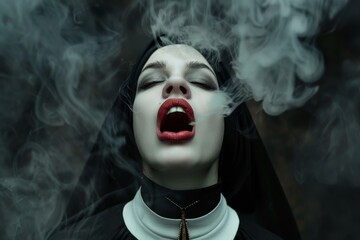 Obraz premium Mysterious nun exhaling smoke in a dark atmosphere