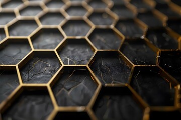 Hexagonal black and gold technological background with captivating highlights for stylish design. Concept Tech Backgrounds, Black and Gold, Hexagonal Design, Stylish Highlights, Captivating Graphics