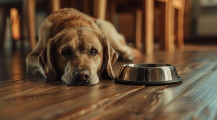 Golden retriever lying next to an empty food bowl on a wooden floor