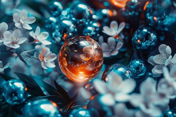 Surreal Glass Spheres Amongst Blossoming Flowers