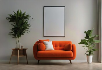 wall minimalist table interior small houseplant bright picture frame armchair mockup orange