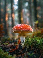 Vibrant red mushroom in a misty forest