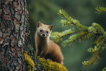 Pine Marten Peeking from Behind a Tree in a Lush Forest