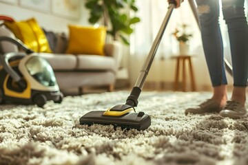 Woman vacuuming carpet at home. Concept Household Chores, Cleaning Equipment, Home Maintenance
