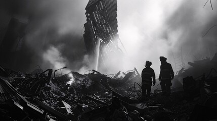 a firemen standing in front of a destroyed building