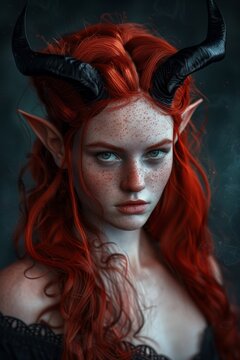 Mystical red-haired demoness with horns and intense gaze
