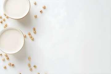 Soybean milk flat lay composition on white background with copy space. Concept Soybean Milk, Flat Lay, White Background, Copy Space, Composition