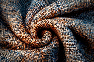 Fototapeta premium Background of large texture of twisted natural wrinkled linen fabric. Natural linen organic eco textile canvas background. View from above.