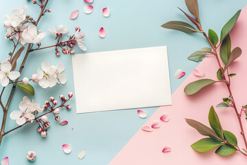 Stylish elegant flat lay pastel colors floristic greeting invitation post card, copy space mockup. - obrazy, fototapety, plakaty