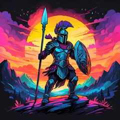 Spartan Warrior Painting  Standing in Front Of A Sunset - obrazy, fototapety, plakaty