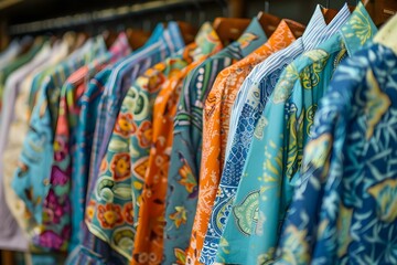 Vibrant shirts displayed on store rack for seasonal fashion promotions and sales. Concept Fashion Retail, Seasonal Promotions, Vibrant Clothing, Store Display, Sales Event
