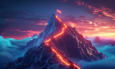 A mountain with a red flag on top and a red line leading to it - obrazy, fototapety, plakaty