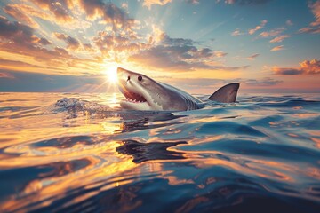 A shark is swimming in the ocean with the sun shining on it