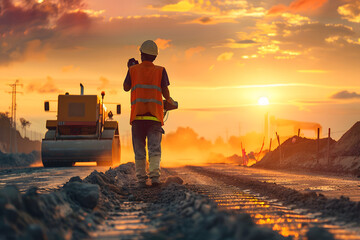 photorealism of Engineers and worker are working on road construction. engineer holding radio communication at road construction site with roller compactor working dust road on during sunset telephoto
