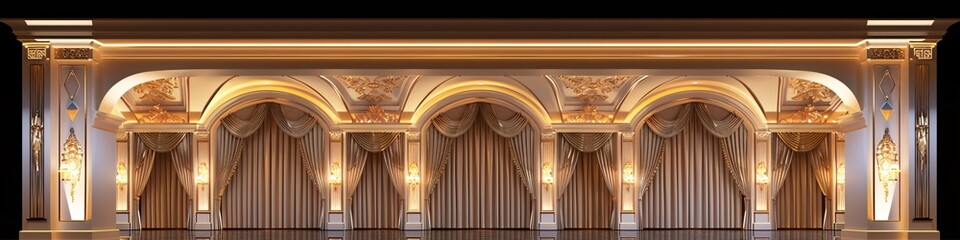 Fototapeta premium Luxurious interior showcasing an Art Deco and Neo-classical style with ornate arches, draped curtains, and intricate ceiling details, illuminated warmly.
