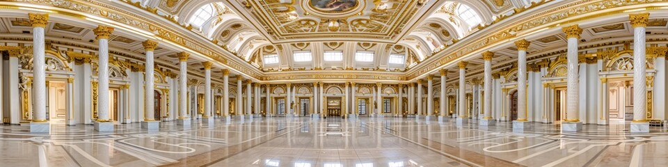 Fototapeta premium Panoramic view of a grand interior featuring ornate gold decorations, columns, and a detailed ceiling in Art Deco and Neoclassical styles.