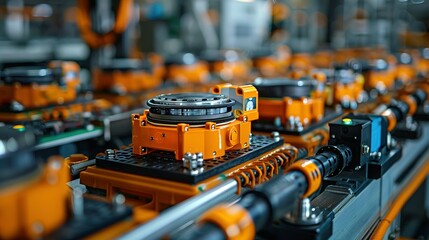 Mass production assembly line of electric vehicle battery cells close-up view