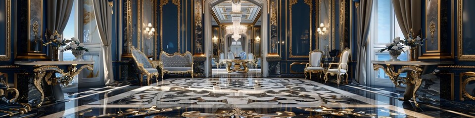 Luxurious interior depicting Art Deco and Neo-classic styles, featuring elaborate gilded details, ornate furniture, and sophisticated architectural elements.