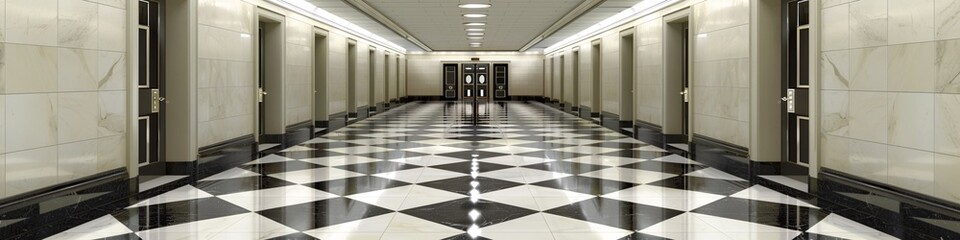 Luxurious Art Deco style hallway with high ceilings, geometric black-and-white checkered floor, polished marble walls, and elegant double doors at the end.