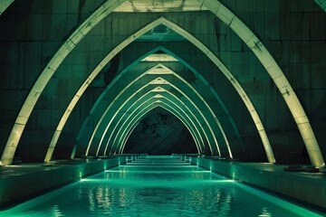 An image showcasing an architectural interior resembling a futuristic tunnel with repeating arches illuminated by soft, green lighting.