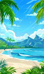 A vibrant stock illustration featuring a tropical paradise, with palm trees swaying in the breeze, pristine beaches, and crystal-clear waters
