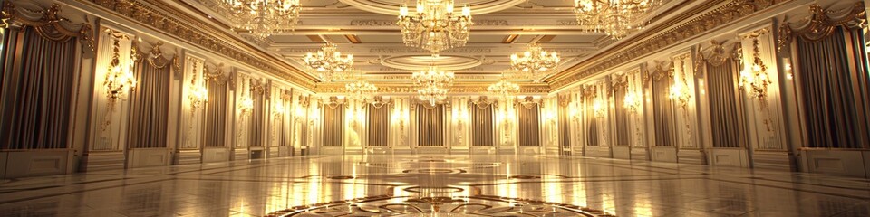 Fototapeta premium Opulent classicism style interior featuring intricate wall moldings, grand chandeliers, and a luxurious wood floor with symmetric designs.