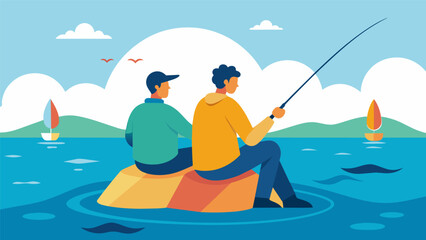 After quarreling over a misunderstanding two friends make amends while casting their lines into the ocean finding peace and reconciliation in the. Vector illustration