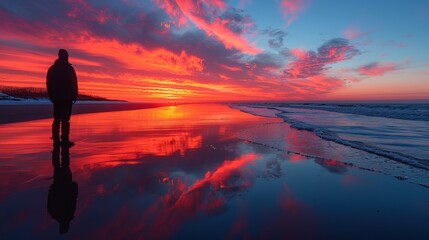 Contemplative figure at sunset beach